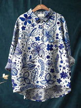 Women's Floral Art Print Casual Cotton And Linen Shirt